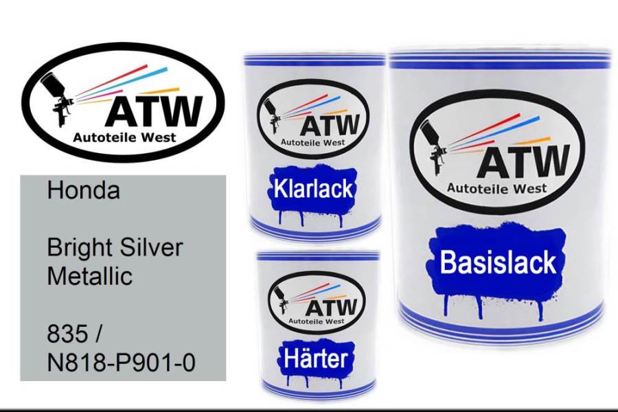 Honda, Bright Silver Metallic, 835 / N818-P901-0: 1L Lackdose + 1L Klarlack + 500ml Härter - Set, von ATW Autoteile West.